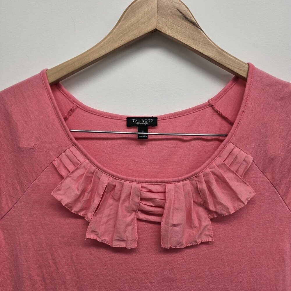 Talbots Women's Small Blouse Pleated Tiered Neckline Short Sleeve Pink Stretch - Picture 4 of 7